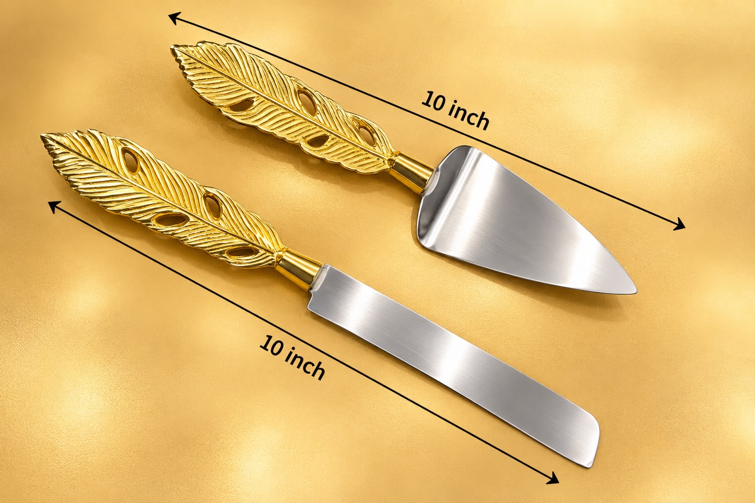BRASS KNIFE AND CAKE SERVER WITH LEAF FINISH